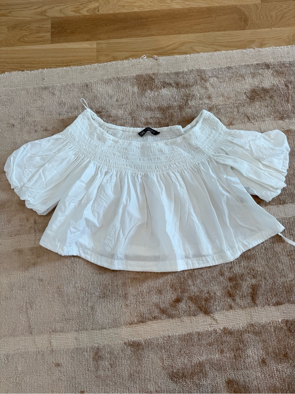 Zara White Smocked Off-Shoulder Top